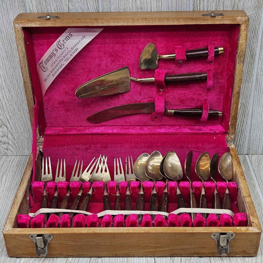 Vtg Tommy's Gems Bangkok Thailand Bronze Wood Flatware Dessert Set 19pc Case
